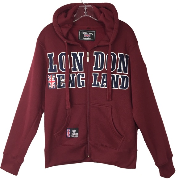 London England Burgundy Full Zip Hoodie - Picture 1 of 6